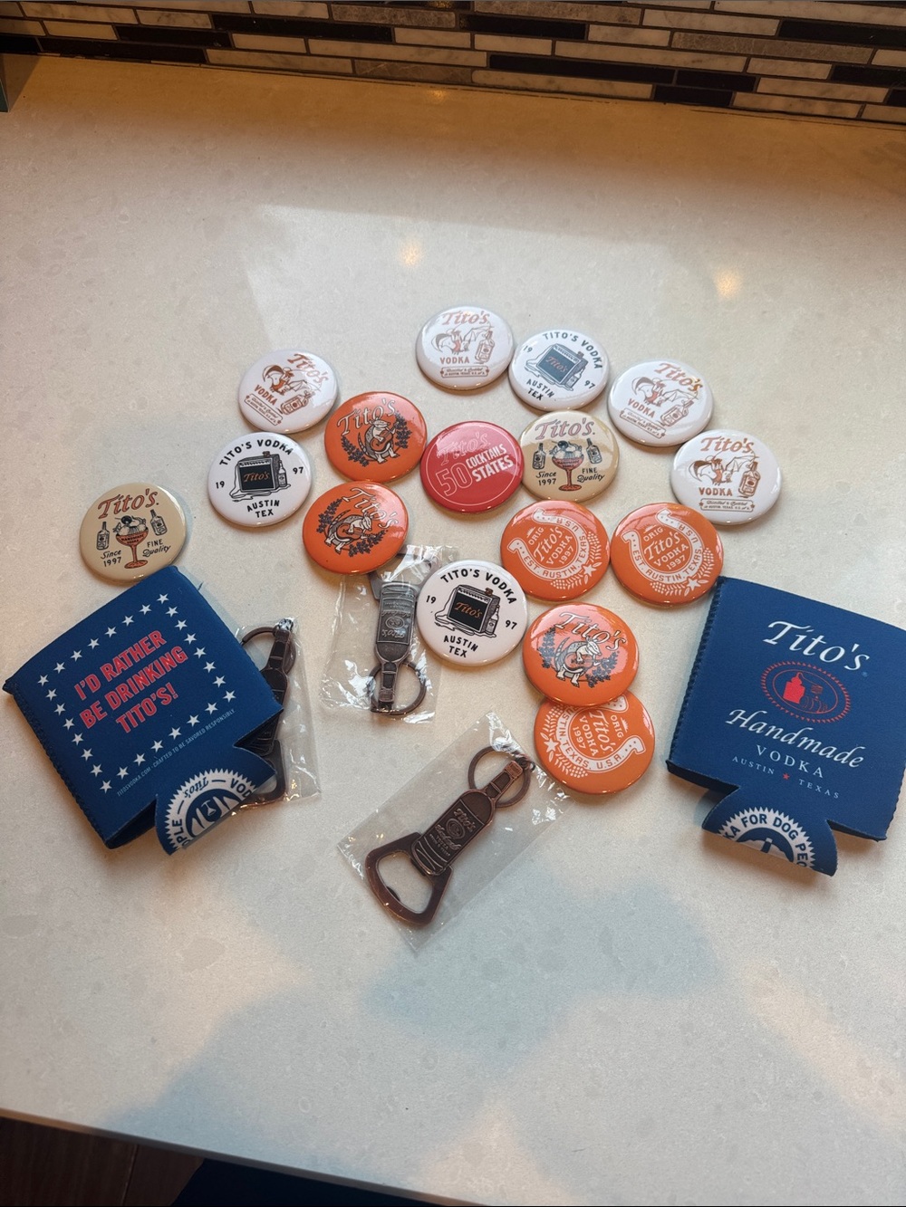 Tito's Handmade Vodka Button & Accessory Set  16 pins  key opener 2 coolie